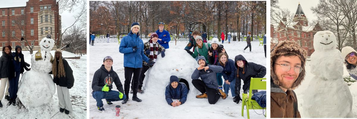 Collage of GT students playing in the snow from January 2025.  These include images of building snowmen.