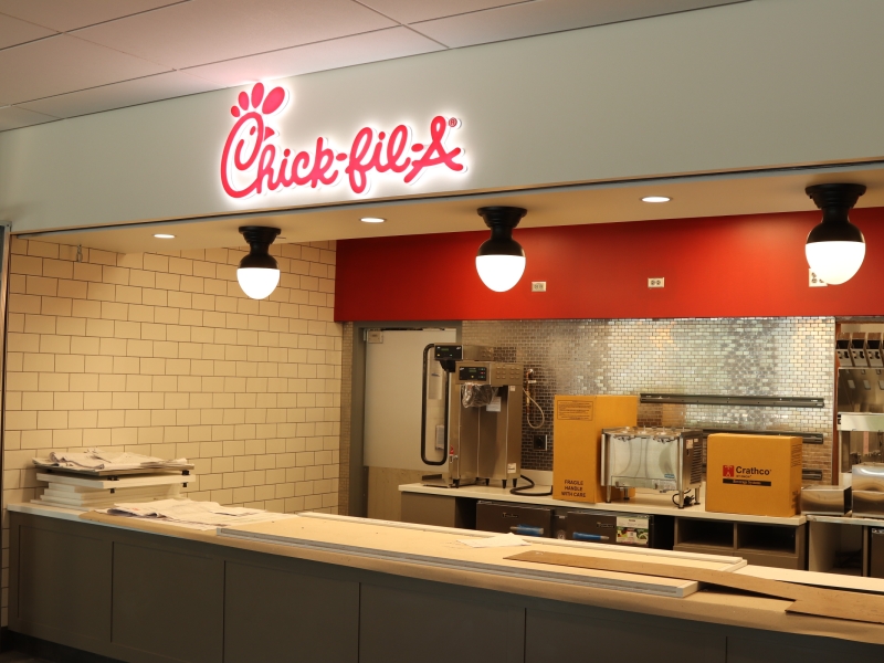 Chick-fil-A will have a new home on the bottom floor of the commons.  The building will host one of the first franchised campus locations in the nation which will be operated by Chick-fil-A and will accept the Chick-fil-A One rewards program.